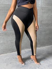 SHEIN SXY Plus Two Tone Asymmetrical Waistband Leggings - Multicolor - View 4