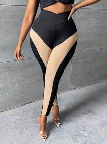 SHEIN SXY Plus Two Tone Asymmetrical Waistband Leggings - Multicolor - View 5