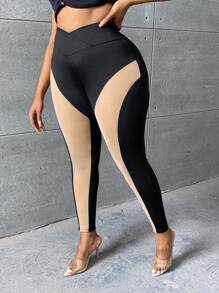 SHEIN SXY Plus Two Tone Asymmetrical Waistband Leggings - Multicolor - View 6