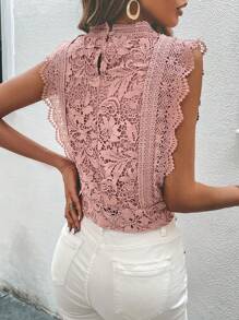 SHEIN Privé Blusa con encaje de cuello alto de espalda con abertura de ojo - Rosa vieja - Ver 2
