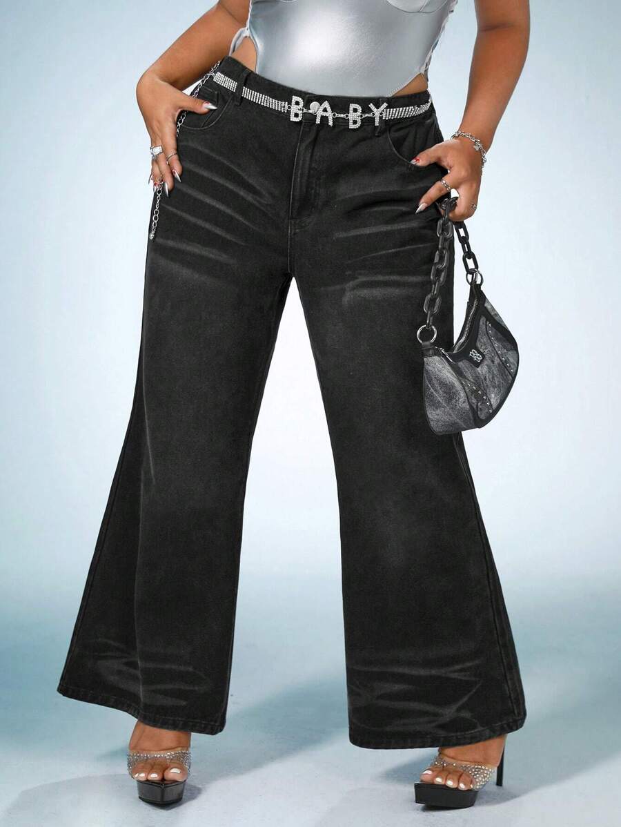 SHEIN ICON Plus Flare Leg Jeans Without Belt - Black - View 1