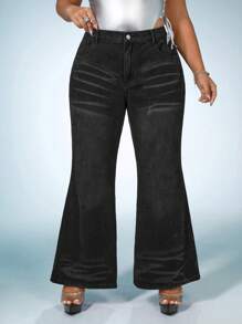 SHEIN ICON Plus Flare Leg Jeans Without Belt - Black - View 4