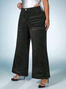 SHEIN ICON Plus Flare Leg Jeans Without Belt - Black - View 5