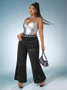 SHEIN ICON Plus Flare Leg Jeans Without Belt - Black - View 6