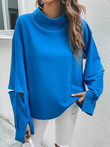 SHEIN Essnce Funnel Neck Drop Shoulder Split Cuff Sweatshirt - Blue - View 5