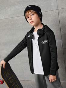 SHEIN 男大童字母圖案拉鏈開襟連帽活躍夾克不帶T恤 - 黑色 - 查看 2