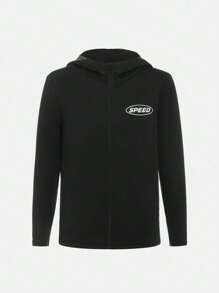 SHEIN 男大童字母圖案拉鏈開襟連帽活躍夾克不帶T恤 - 黑色 - 查看 1