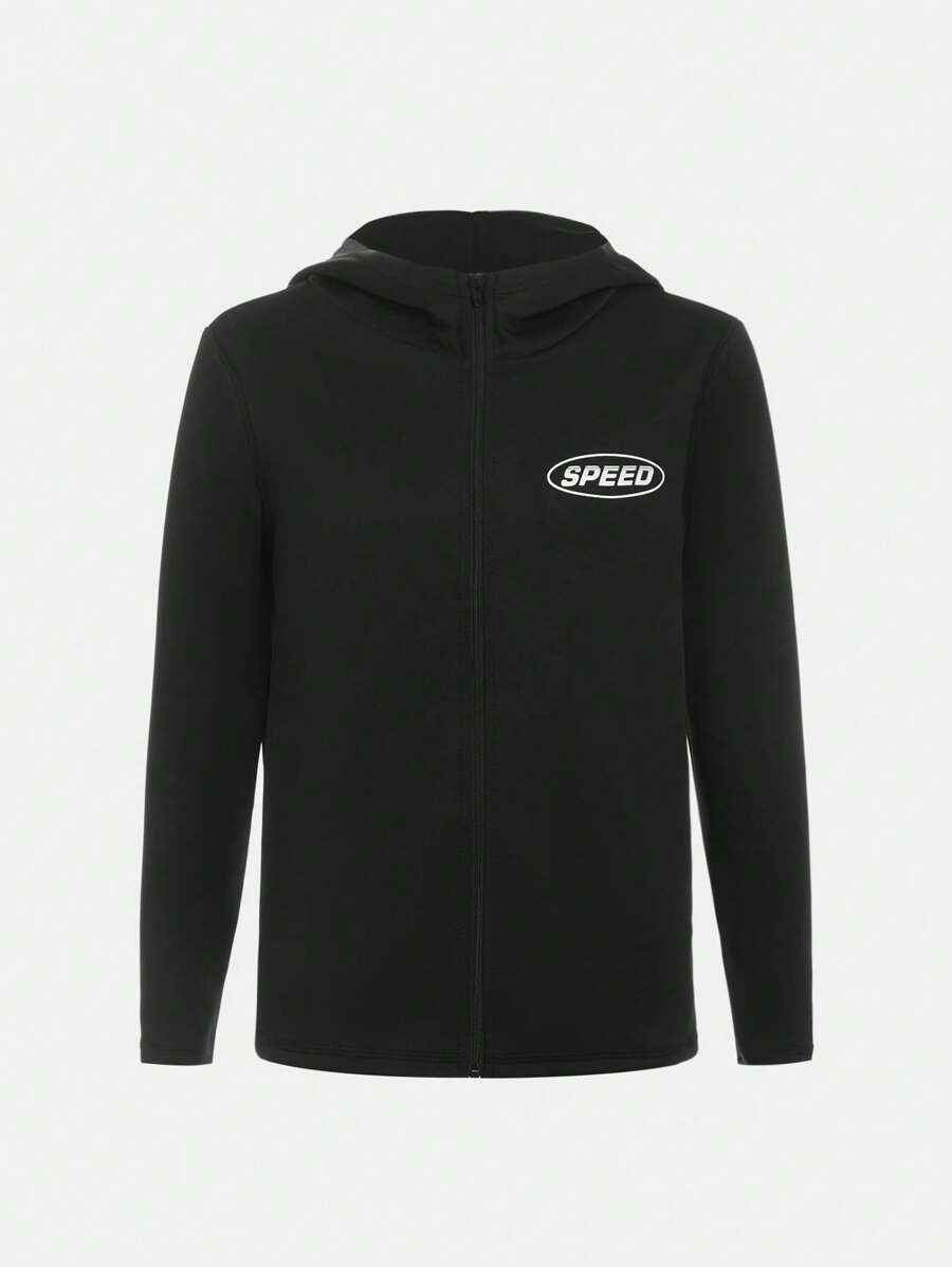 SHEIN 男大童字母圖案拉鏈開襟連帽活躍夾克不帶T恤 - 黑色 - 查看 1