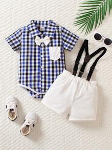 SHEIN Baby Boy Plaid Print Bow Front Shirt Bodysuit & Suspender Shorts - Multicolor - View 9