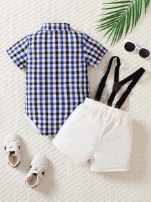 SHEIN Baby Boy Plaid Print Bow Front Shirt Bodysuit & Suspender Shorts - Multicolor - View 2
