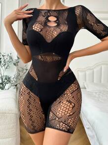 Classic Sexy Cut Out Fishnet Romper Without Liner - Black - View 1