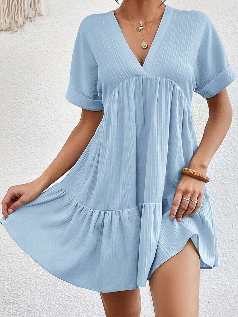 SHEIN VCAY Chất rắn Xù Hoa Sen Váy Smock - Màu xanh lam - Xem 1