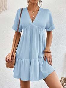 SHEIN VCAY Chất rắn Xù Hoa Sen Váy Smock - Màu xanh lam - Xem 3