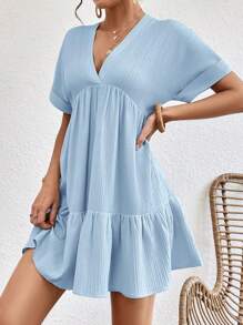 SHEIN VCAY Chất rắn Xù Hoa Sen Váy Smock - Màu xanh lam - Xem 4