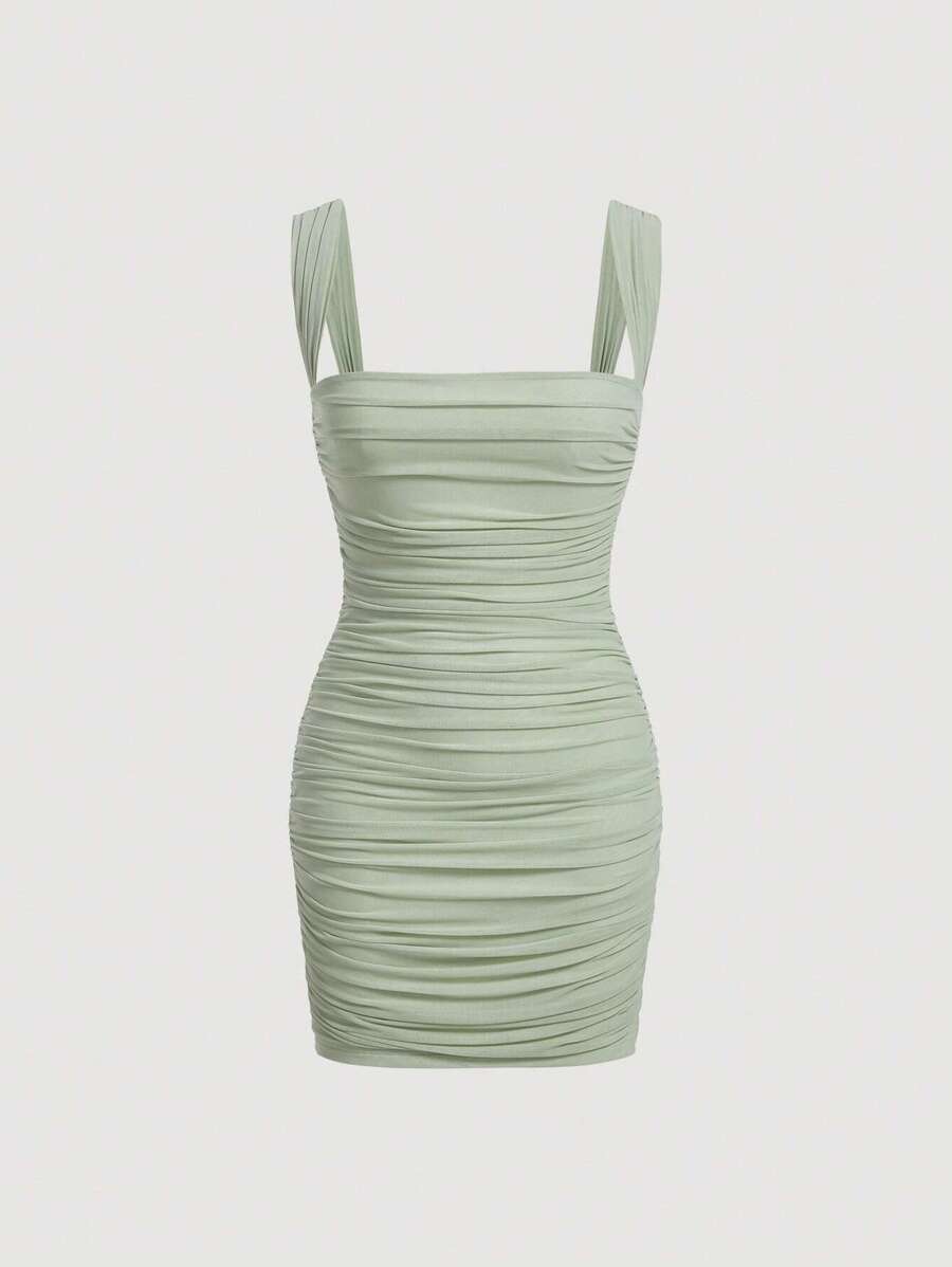 SHEIN MOD Chất rắn Xù Váy Dây - Màu xanh Bạc hà - Xem 1