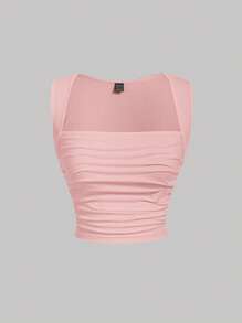 SHEIN MOD 素色褶邊背心上衣 - 淺粉色 - 查看 1