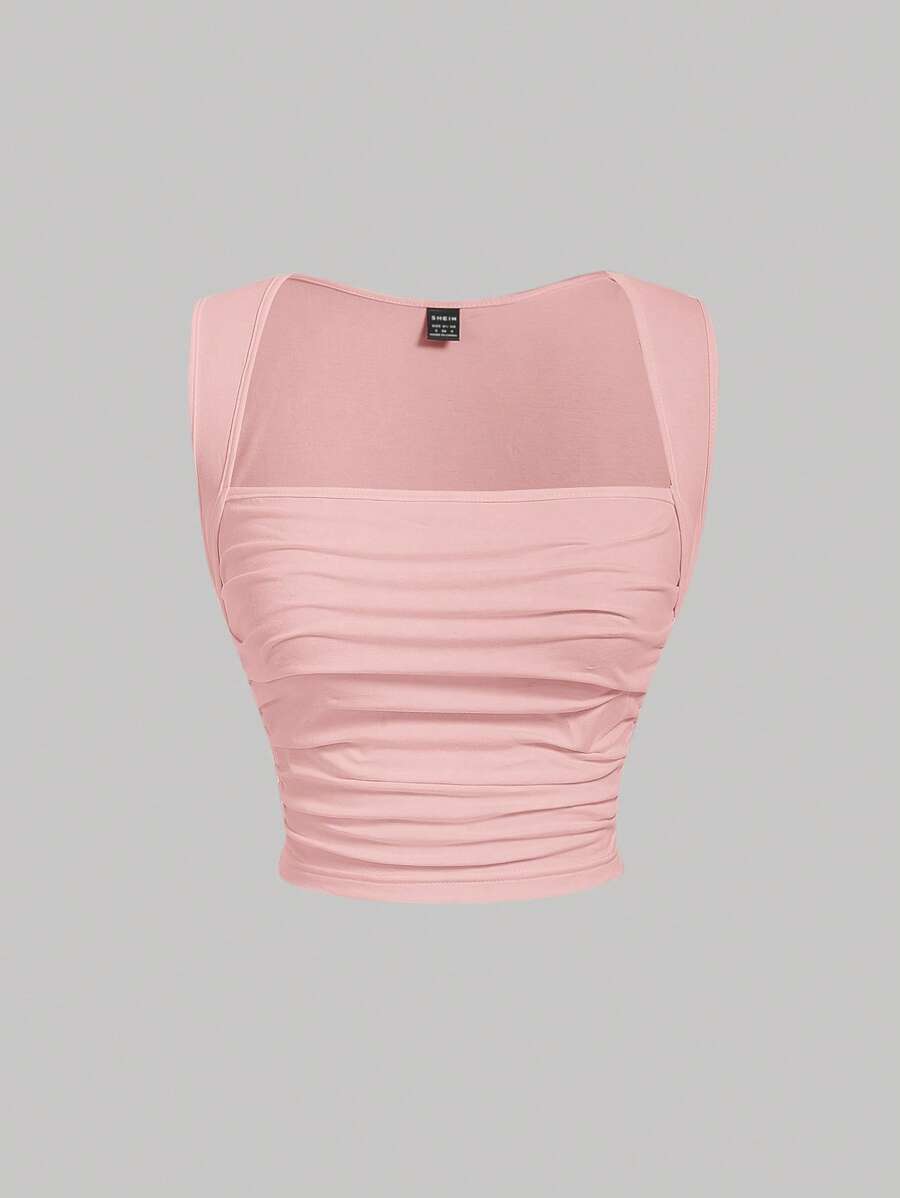 SHEIN MOD 素色褶邊背心上衣 - 淺粉色 - 查看 1