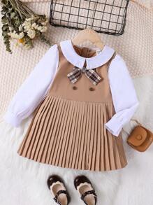 SHEIN 女小童雙色前蝴蝶結百褶下擺假兩件連衣裙 - 彩色 - 查看 1