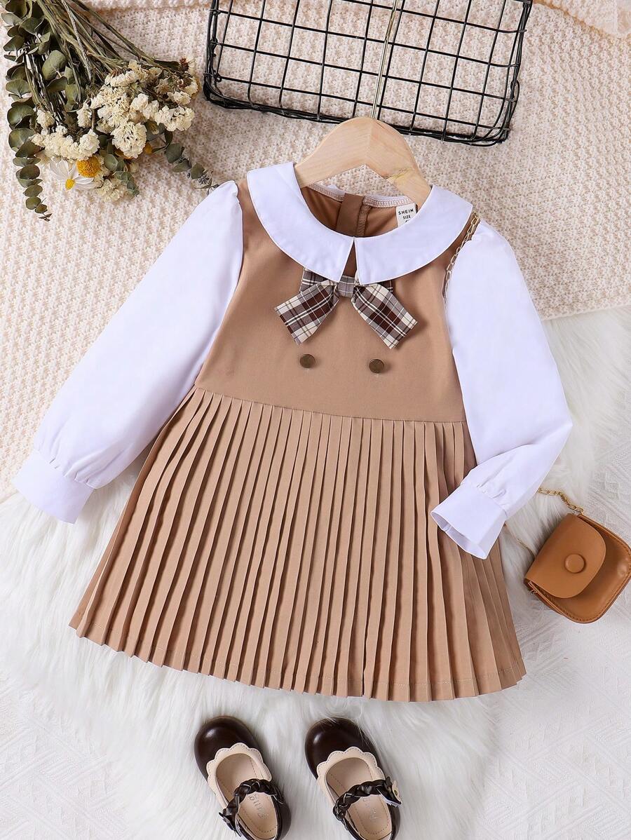 SHEIN 女小童雙色前蝴蝶結百褶下擺假兩件連衣裙 - 彩色 - 查看 1