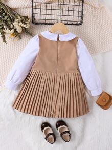 SHEIN 女小童雙色前蝴蝶結百褶下擺假兩件連衣裙 - 彩色 - 查看 2