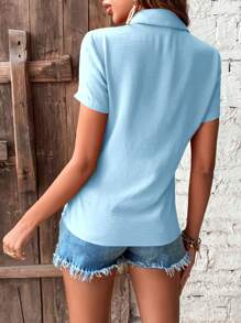 Breezaya Áo sơ mi Raglan tay ngắn cài nút phía trước, dáng rộng, màu trơn - Màu xanh nhạt - Xem 2