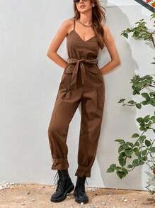 Soleia 素色腰帶吊帶牛仔連身褲