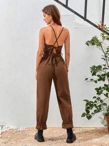 Soleia 素色腰帶吊帶牛仔連身褲