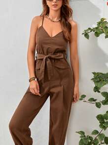 Soleia 素色腰帶吊帶牛仔連身褲