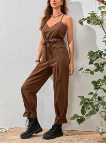 Soleia 素色腰帶吊帶牛仔連身褲