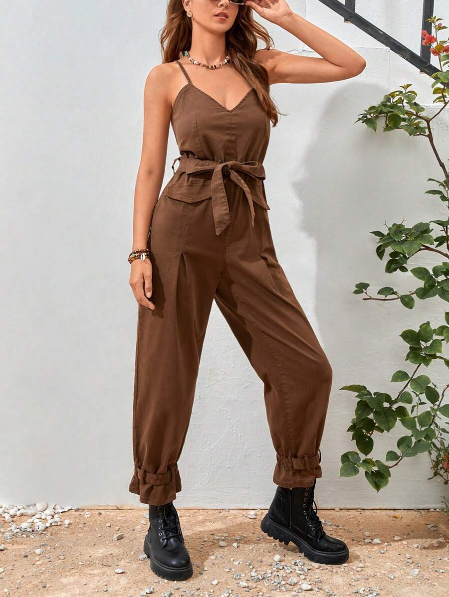 Soleia 素色腰帶吊帶牛仔連身褲