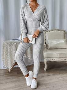 SHEIN Essnce 素色蝙蝠袖T恤和緊身褲 - 淺灰色 - 查看 4
