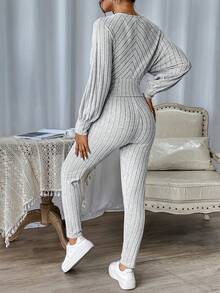 SHEIN Essnce 素色蝙蝠袖T恤和緊身褲 - 淺灰色 - 查看 2