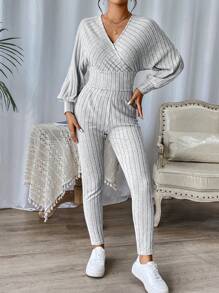 SHEIN Essnce 素色蝙蝠袖T恤和緊身褲 - 淺灰色 - 查看 5