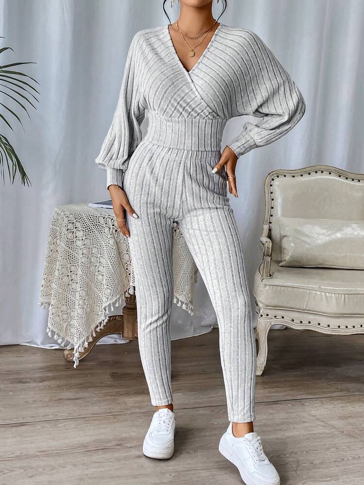 SHEIN Essnce 素色蝙蝠袖T恤和緊身褲 - 淺灰色 - 查看 5