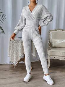 SHEIN Essnce 素色蝙蝠袖T恤和緊身褲 - 淺灰色 - 查看 6