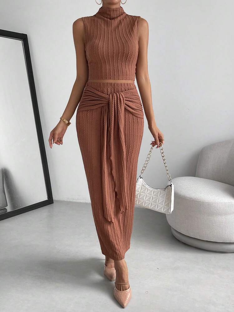 SHEIN Essnce 高領背心上衣&前繫帶半身裙 - 亮橙色 - 查看 5