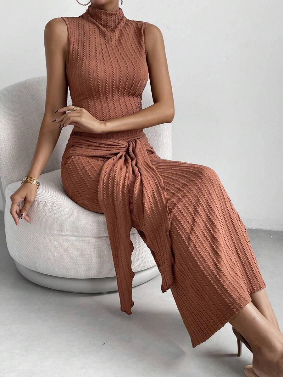 SHEIN Essnce High Neck Tank Top & Tie Front Skirt - Burnt Orange - View 1