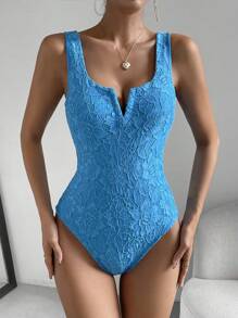 SHEIN Essnce Solid Notched Neckline Lace Tank Bodysuit - Mint Blue - View 3