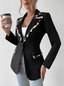 SHEIN Privé 1 Miếng Tương phản Leopard Print Cổ áo Áo vest - màu đen - Xem 1