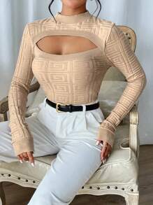 SHEIN Essnce 前鏤空小高領套頭毛衣 - 卡其色 - 查看 5