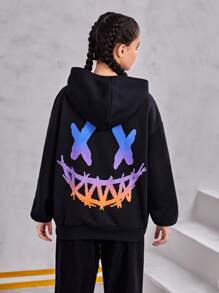Teen Girl Cartoon Graphic Drop Shoulder Sweatshirt - Black - View 2