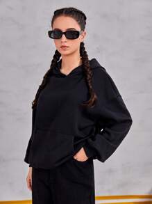 Teen Girl Cartoon Graphic Drop Shoulder Sweatshirt - Black - View 3