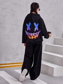 Teen Girl Cartoon Graphic Drop Shoulder Sweatshirt - Black - View 4