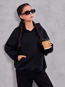 Teen Girl Cartoon Graphic Drop Shoulder Sweatshirt - Black - View 5