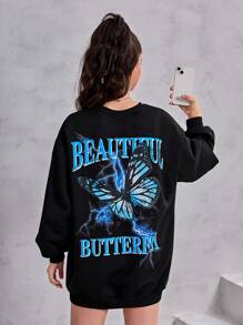 青少年女孩字母與蝴蝶印花落肩袖衛衣洋裝 - 黑色 - 查看 1