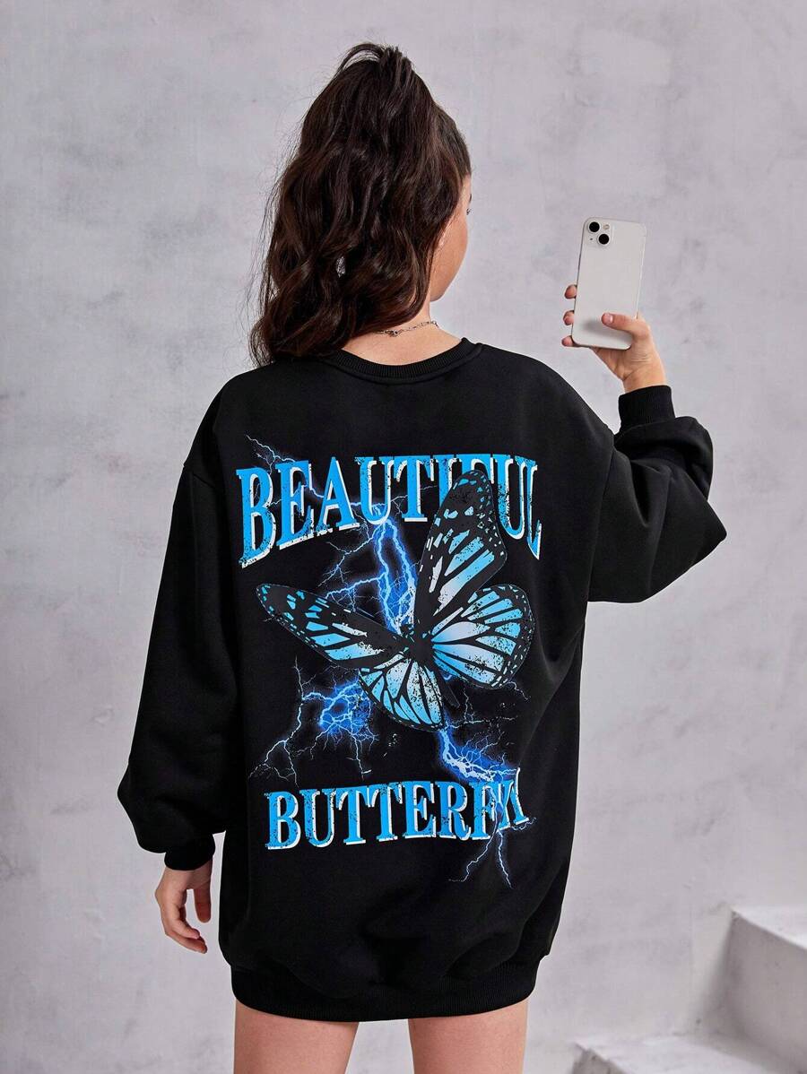 青少年女孩字母與蝴蝶印花落肩袖衛衣洋裝 - 黑色 - 查看 1