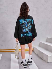 青少年女孩字母與蝴蝶印花落肩袖衛衣洋裝 - 黑色 - 查看 2