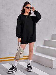 青少年女孩字母與蝴蝶印花落肩袖衛衣洋裝 - 黑色 - 查看 4