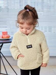 SHEIN Baby Girl Letter Patched Detail Half Zip Teddy Sweatshirt - Apricot - View 1