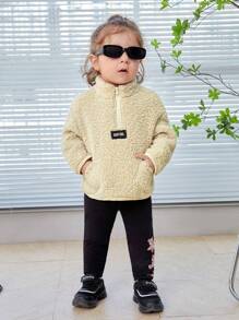 SHEIN Baby Girl Letter Patched Detail Half Zip Teddy Sweatshirt - Apricot - View 3